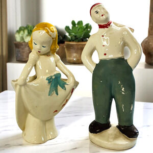 Vintage Planters Lot of 2 Bud Vases RRP Co Young Lady Girl Double Dutch Boy MCM